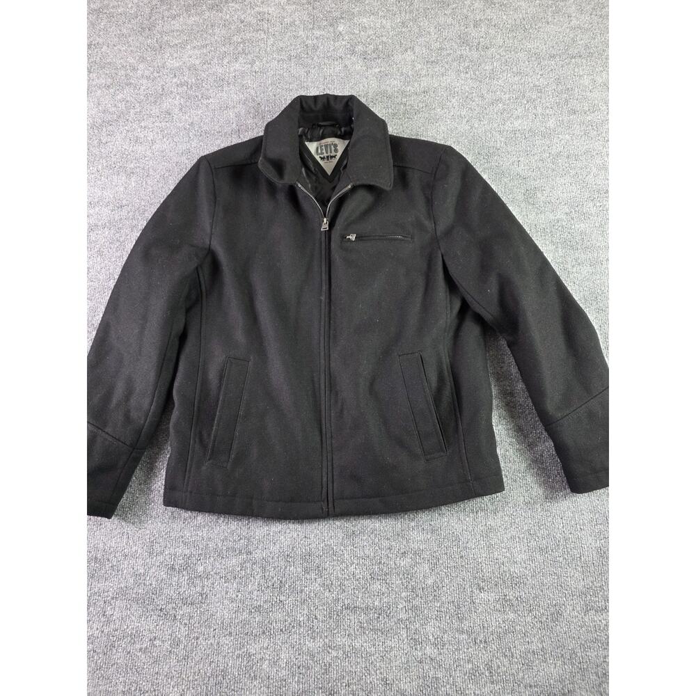 Levi's Black Wool Blend Coat Heavy Duty Overcoat Size Medium Jacket Zip Up